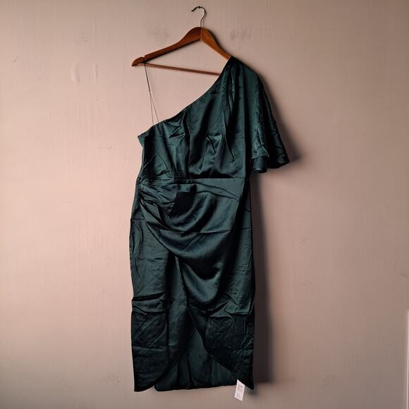 NWT Cupshe Ramla Dress Satin Pleated One Shoulder Sheath Midi Gown Green Size XL - Picture 7 of 13
